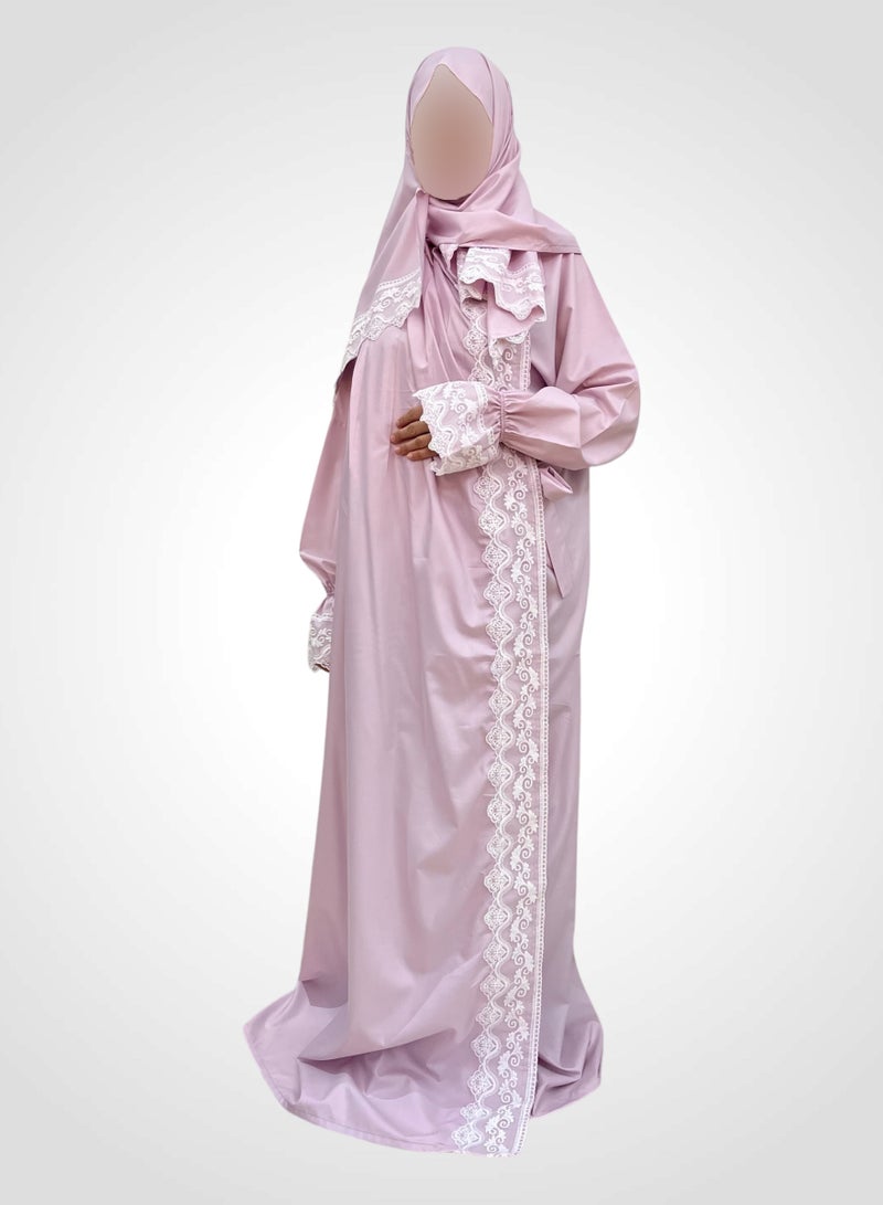 AL-HRAER A Very Soft And Comfortable Prayer Dress With Embroidery Lace Trim Consisting Of One Piece Includes a Veil And It Covers The Whole Body With A Uniform And Wide Size Suitable For All Bodies - Image 1