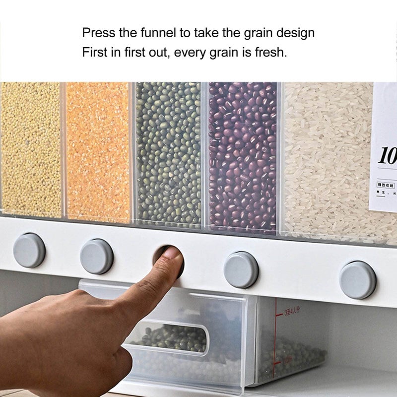 Natudeco Divided Rice and Cereal Dispenser 6 Grid Food Storage Containers Grain Storage Box Household Food Dispensers 10L Capacity Suitable for Rice Beans Wall Mounted Dry Food - Image 5
