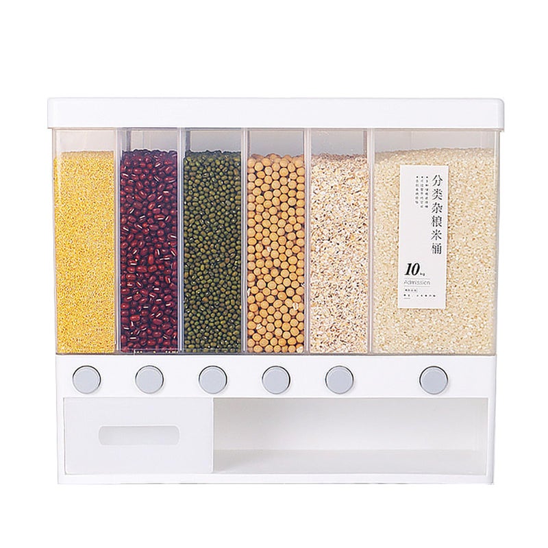 Natudeco Divided Rice and Cereal Dispenser 6 Grid Food Storage Containers Grain Storage Box Household Food Dispensers 10L Capacity Suitable for Rice Beans Wall Mounted Dry Food - Image 1
