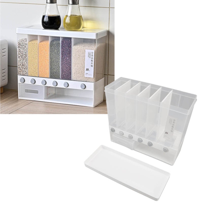 Natudeco Divided Rice and Cereal Dispenser 6 Grid Food Storage Containers Grain Storage Box Household Food Dispensers 10L Capacity Suitable for Rice Beans Wall Mounted Dry Food - Image 2