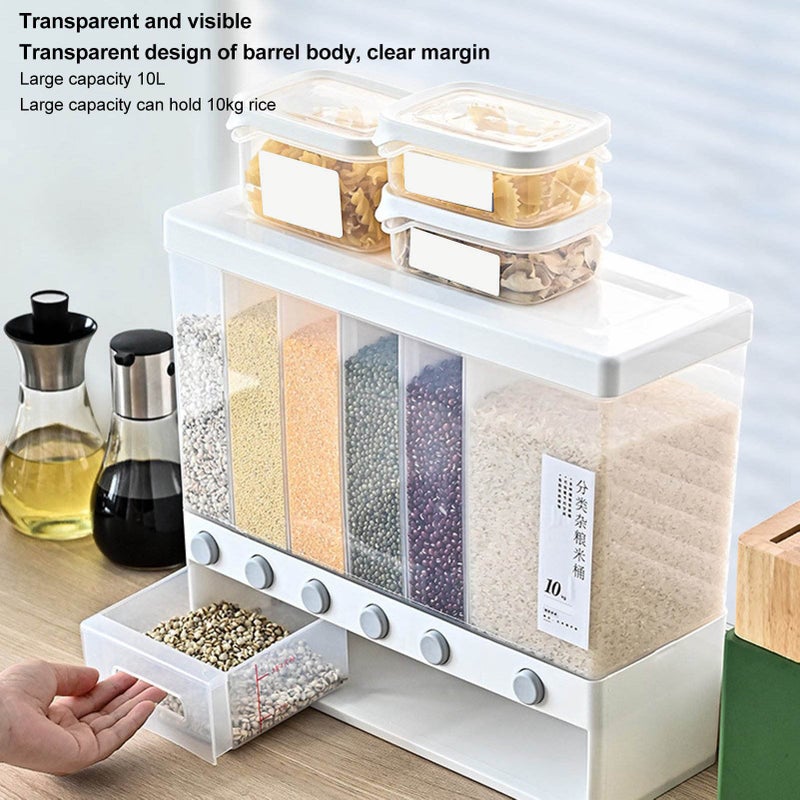 Natudeco Divided Rice and Cereal Dispenser 6 Grid Food Storage Containers Grain Storage Box Household Food Dispensers 10L Capacity Suitable for Rice Beans Wall Mounted Dry Food - Image 4