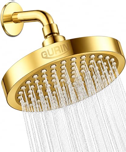 GURIN Shower Head Powerful High Pressure Rain Shower Head 6 Inch Luxury Rainfall Showerhead with Adjustable Angles 90 AntiClog Nozzles ToolFree 1Min Install Premium Gold Plated Finish - Image 1