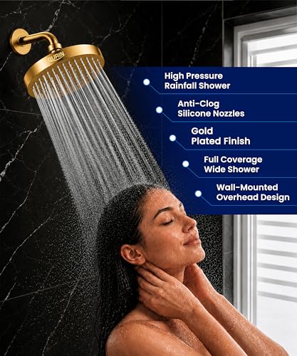 GURIN Shower Head Powerful High Pressure Rain Shower Head 6 Inch Luxury Rainfall Showerhead with Adjustable Angles 90 AntiClog Nozzles ToolFree 1Min Install Premium Gold Plated Finish - Image 3