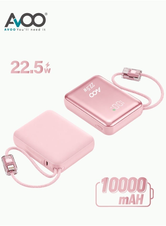 أفو باور بنك شحن متنقل صغير وخفيف 10000mAh شحن سريع PD مع سلكين مدمجين – بطارية متنقلة بلون وردي  الأنيق للآيفون وسامسونج وأندرويد - Image 1