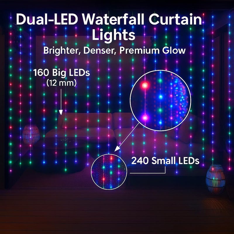 Gesto أضواء الستائر LED – 160 لمبة بكسل و240 خرز LED | 400 LED مع وحدة تحكم بـ 8 أوضاع | أضواء خيط الجنية للمنزل، الشرفة، المعبد، المهرجانات، الفناء وزينة ديوالي (متعددة الألوان | 8 × 7 قدم) - Image 2