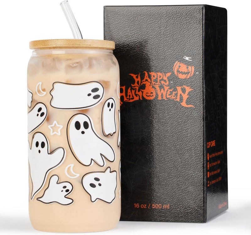 KMCCUMBER Halloween Ghost Fall Glass Cup with Lids and Straws, 16 oz Ghost Fall Mug, Iced Coffee Glass Tumbler, Spooky Glass Cups, Goth Spooky Gifts for Her, Halloween Gifts for Women Teens - Image 2