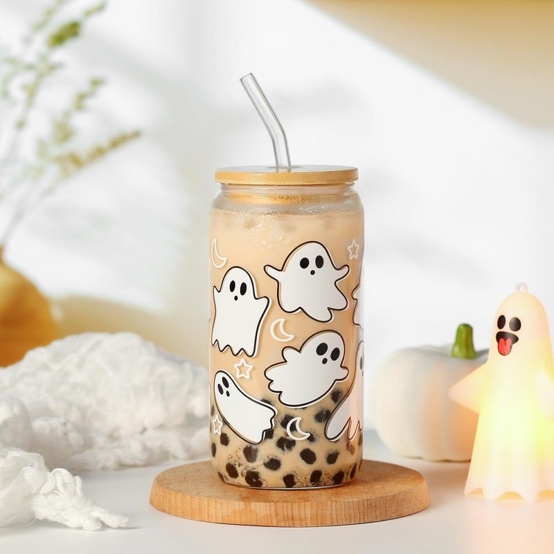 KMCCUMBER Halloween Ghost Fall Glass Cup with Lids and Straws, 16 oz Ghost Fall Mug, Iced Coffee Glass Tumbler, Spooky Glass Cups, Goth Spooky Gifts for Her, Halloween Gifts for Women Teens - Image 5