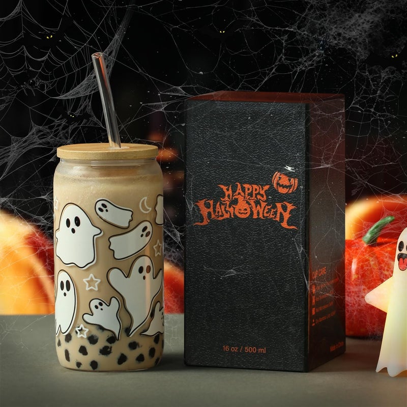 KMCCUMBER Halloween Ghost Fall Glass Cup with Lids and Straws, 16 oz Ghost Fall Mug, Iced Coffee Glass Tumbler, Spooky Glass Cups, Goth Spooky Gifts for Her, Halloween Gifts for Women Teens - Image 1