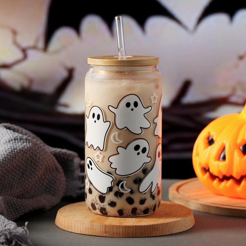 KMCCUMBER Halloween Ghost Fall Glass Cup with Lids and Straws, 16 oz Ghost Fall Mug, Iced Coffee Glass Tumbler, Spooky Glass Cups, Goth Spooky Gifts for Her, Halloween Gifts for Women Teens - Image 3