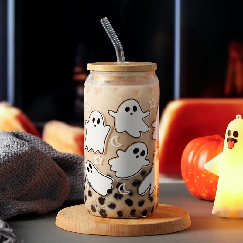 KMCCUMBER Halloween Ghost Fall Glass Cup with Lids and Straws, 16 oz Ghost Fall Mug, Iced Coffee Glass Tumbler, Spooky Glass Cups, Goth Spooky Gifts for Her, Halloween Gifts for Women Teens - Image 4
