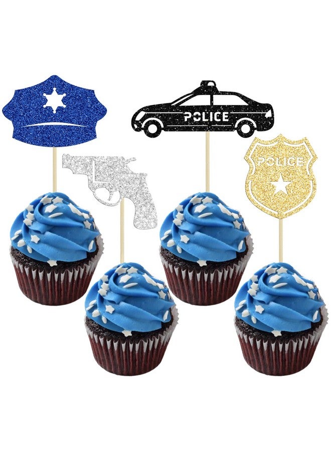 Ephlyn 24Pcs Police Cupcake Toppers Glitter Policeman Police Officer Cupcake Picks Cake Decorations for Police Emblem Theme Birthday Party Cake Decor Supplies - Image 1