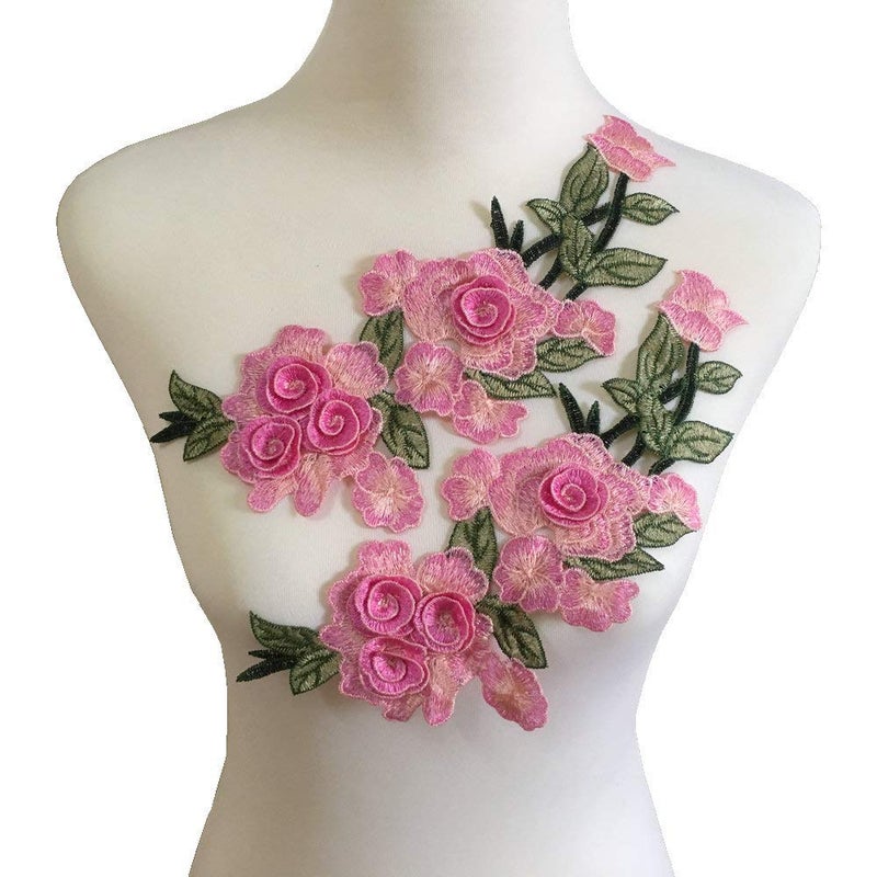 Flowers Embroidered Patch Sticker for Clothing Jacket Jeans Lace Applique DIY Clothes Decorations Fabric Patches Color G Pink