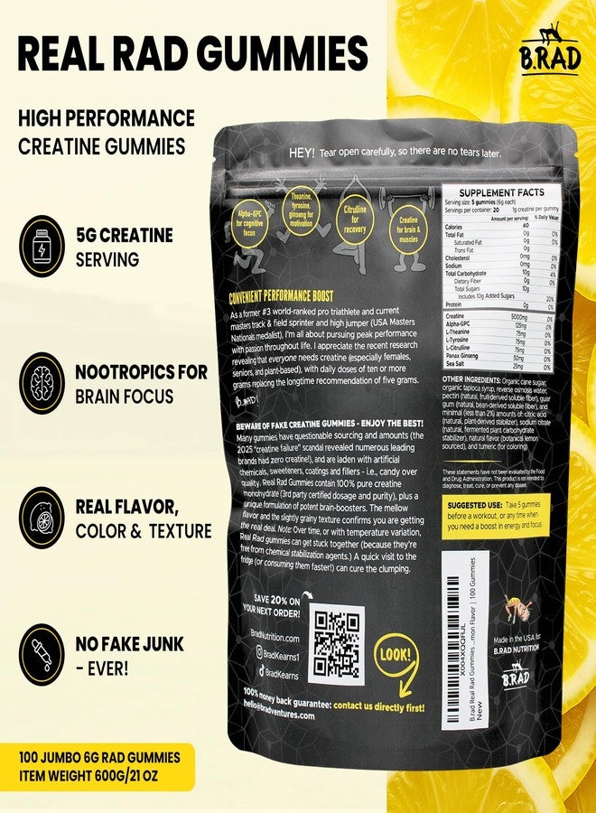 B.rad Real Rad Creatine Gummies | 5g Creatine Monohydrate Per Serving | with Alpha GPC, L-Theanine, L-Tyrosine, L-Citrulline & Panax Ginseng | Natural Lemon Flavor | 100 XL Gummies - Image 2