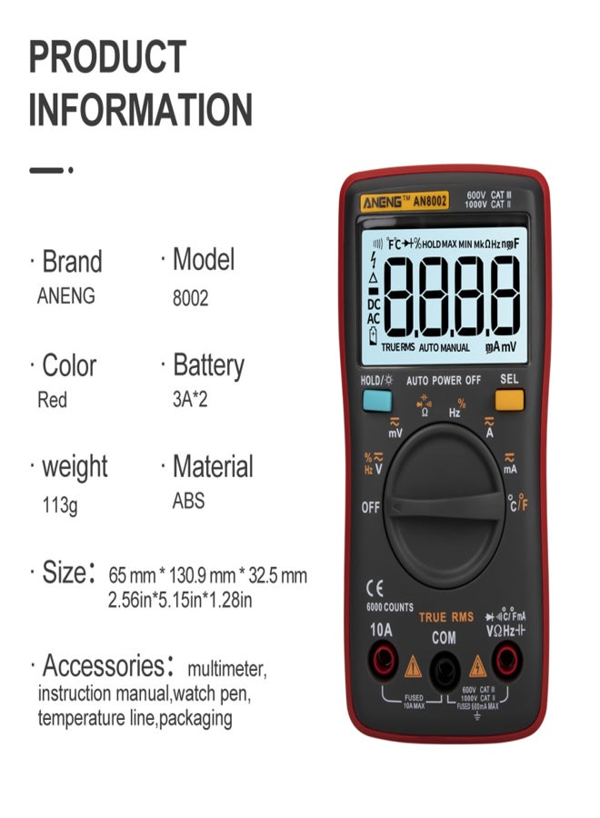 ANENG AN8002 6000 Counts True RMS Multifunctional Digital Multimeter Voltmeter Ammeter Handheld Mini Universal Meter High Accuracy Measure Temperature AC/DC Voltage AC/DC Current Resistance Capacitance Frequency Duty Cycle Diode Tester - Image 5