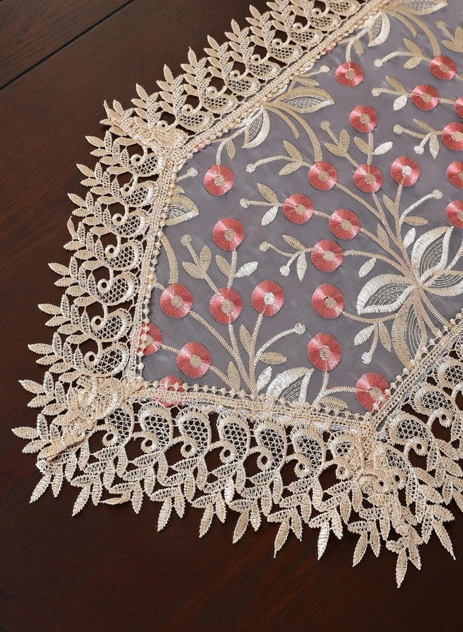 Wonesifee Lace Table Runner Floral Embroidery Fabric Rustic Table Runners Elegant Chic Table Transparent Cover for Home Dining Room Tabletop Decor Wedding Party Dresser (Champagne&Pink, 16 x 59 Inch) - Image 5