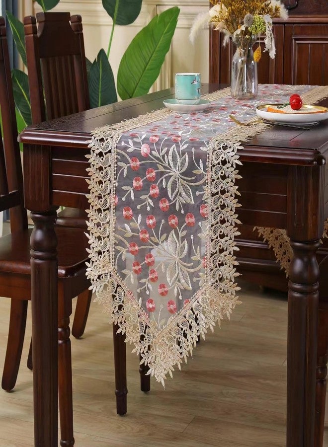 Wonesifee Lace Table Runner Floral Embroidery Fabric Rustic Table Runners Elegant Chic Table Transparent Cover for Home Dining Room Tabletop Decor Wedding Party Dresser (Champagne&Pink, 16 x 59 Inch) - Image 1