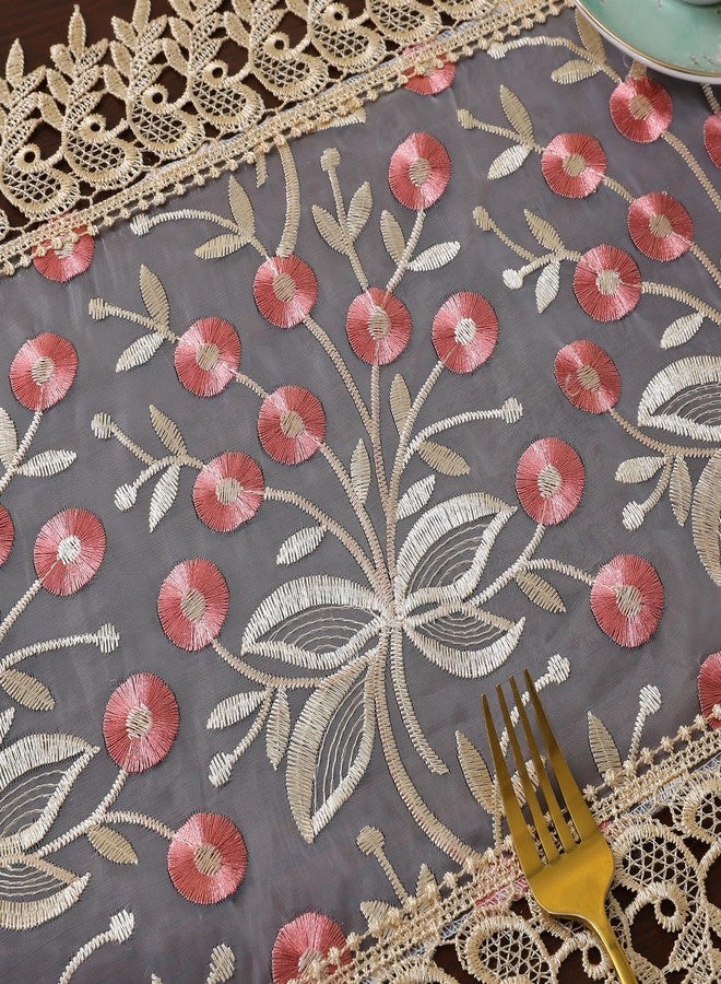 Wonesifee Lace Table Runner Floral Embroidery Fabric Rustic Table Runners Elegant Chic Table Transparent Cover for Home Dining Room Tabletop Decor Wedding Party Dresser (Champagne&Pink, 16 x 59 Inch) - Image 4