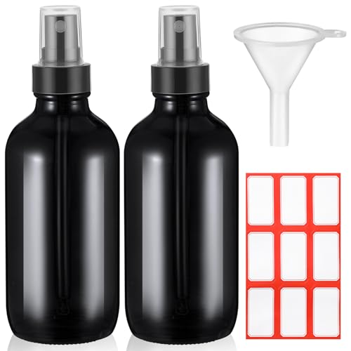 Fumete 2 Pack Glass Bottles 4oz Empty Refillable Liquid Containers with 1 Label 1 Funnel for Essential Oils Hair Travel Plants Cleaning Skin CareBlack Black TopMist Bottle - Image 1
