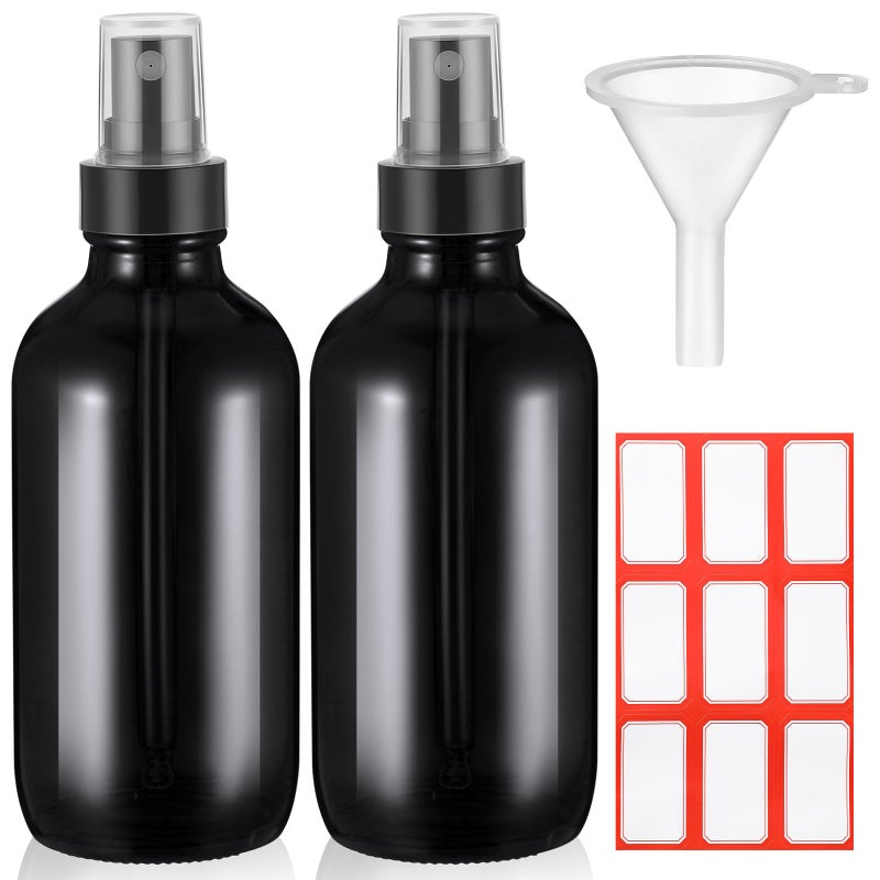 Fumete 2 Pack Glass Bottles 4oz Empty Refillable Liquid Containers with 1 Label 1 Funnel for Essential Oils Hair Travel Plants Cleaning Skin CareBlack Black TopMist Bottle - Image 3