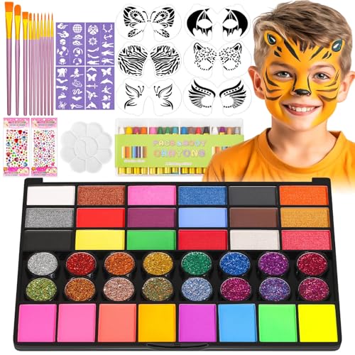Flasoo Kids Face Painting Kit - 42 Non-Toxic Colors, 16 Crayons, 6 Reusable & 40 Sticky Stencils for Parties & Halloween - Image 1