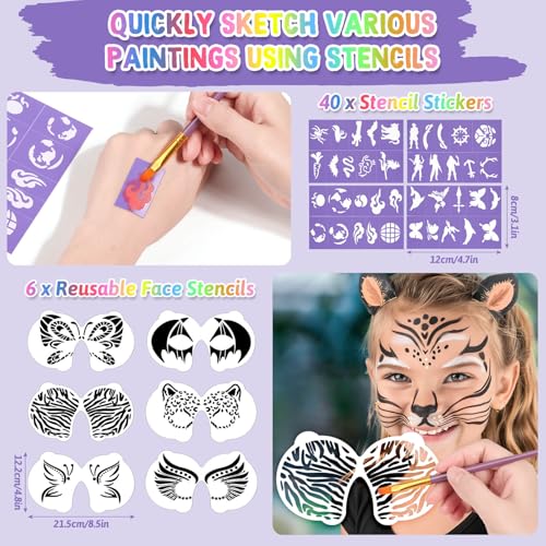 Flasoo Kids Face Painting Kit - 42 Non-Toxic Colors, 16 Crayons, 6 Reusable & 40 Sticky Stencils for Parties & Halloween - Image 5