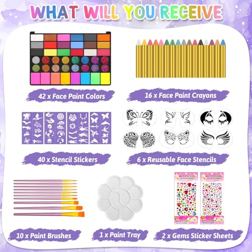 Flasoo Kids Face Painting Kit - 42 Non-Toxic Colors, 16 Crayons, 6 Reusable & 40 Sticky Stencils for Parties & Halloween - Image 3