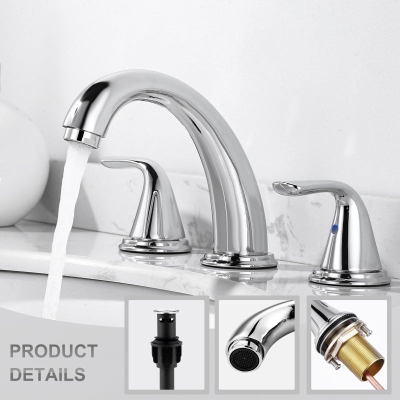 ALEASHA Bathroom Sink Faucet 3 Holes Chrome, ALEASHA Widespread Bathroom Faucet, Bathroom Faucets with Pop Up Drain with Overflow, Washroom Faucets with 304 Stainless Steel Lead-Free Hose - Image 3