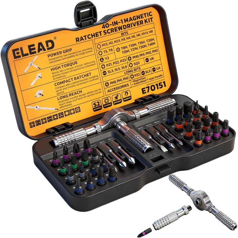 ELEAD 40 in 1 Magnetic Ratchet Screwdriver Set, Multi Bit Magnetic Ratcheting Screwdriver Set with Detachable Ratchet Handle, Repair Tool Kit for Computer Bicycle Furniture DIY - Image 1