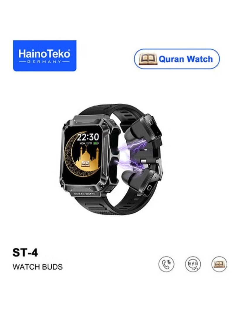 Haino Teko ST4 Smart Watch Buds with Full Quran (114 Chapters) and 4GB MP3 Speaker – Stylish Smart Watch with Bluetooth, Heart Rate Monitor, Music Storage, Voice Control, for Men & Boys, Perfect Gift - Image 1