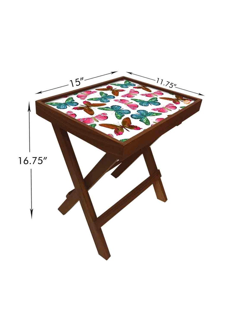 Nutcase Nutcase Designer Teak Wood Side Table Folding Wooden Bedside Coffee Outdoor Picnic Table Watercolor Butterfly  - Image 2