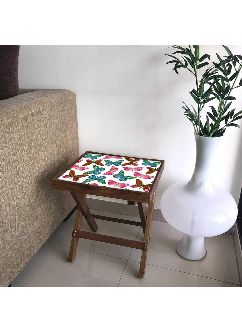 Nutcase Nutcase Designer Teak Wood Side Table Folding Wooden Bedside Coffee Outdoor Picnic Table Watercolor Butterfly  - Image 1