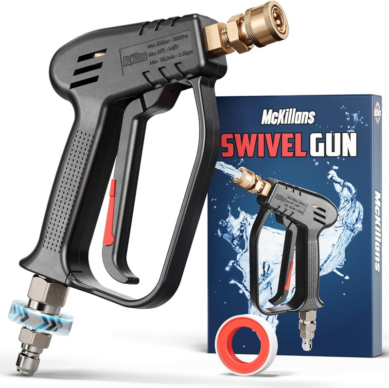 McKillans ® Short Pressure Washer Gun with Swivel - High Pressure Water Handle with 3/8" Male Plug and 1/4” Quick Connector Coupler - Power Washer Gun Compatible with Foam Cannon - Car Wash Foam Gun - Image 1