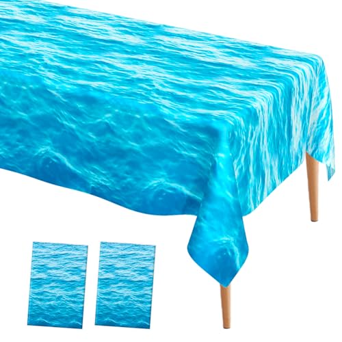 SythorYang Ocean Waves Tablecloth, 2 Pieces Plastic Ocean Table Cloth Disposable Water Print Table Cover Blue Sea Rectangle Tablecloths for Beach Pool Birthday Party Decoration Shower Supplies, 54x108 Inch - Image 1