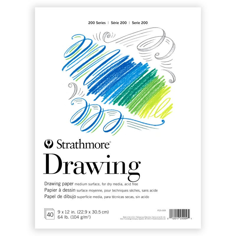 Strathmore 200 Series Drawing Paper Tape Bound Pad 9x12 inches 40 Sheets 64lb104g Artist Paper for Adults and Students Charcoal Colored Pencil Ink Pastel Marker