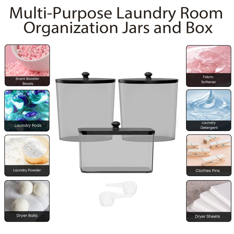 COAZEX 3 Pack Laundry Powder Container & Dryer Sheet Holder, Plastic Laundry Room Organization and Storage Jars with Lids, Labels & Scoops for Powder, Detergent, Scent Booster (Black) - Image 5