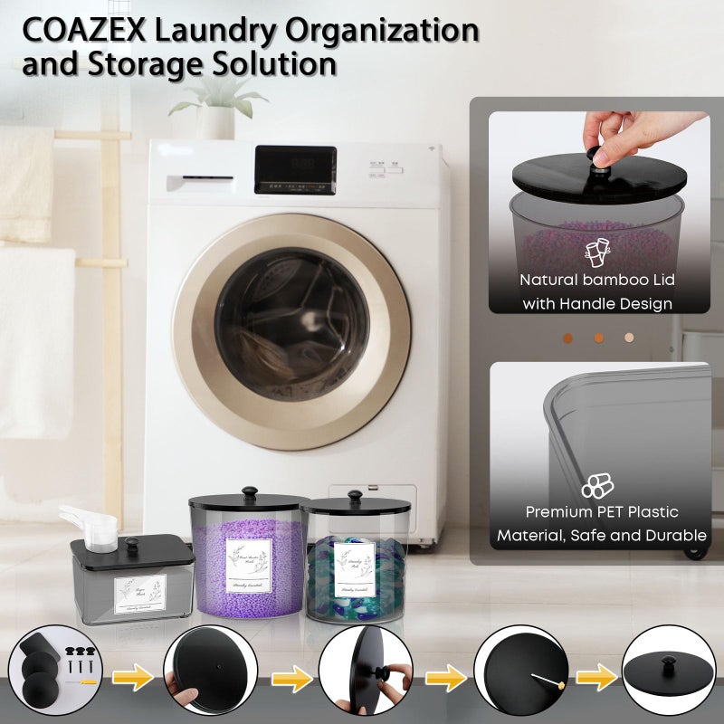 COAZEX 3 Pack Laundry Powder Container & Dryer Sheet Holder, Plastic Laundry Room Organization and Storage Jars with Lids, Labels & Scoops for Powder, Detergent, Scent Booster (Black) - Image 4