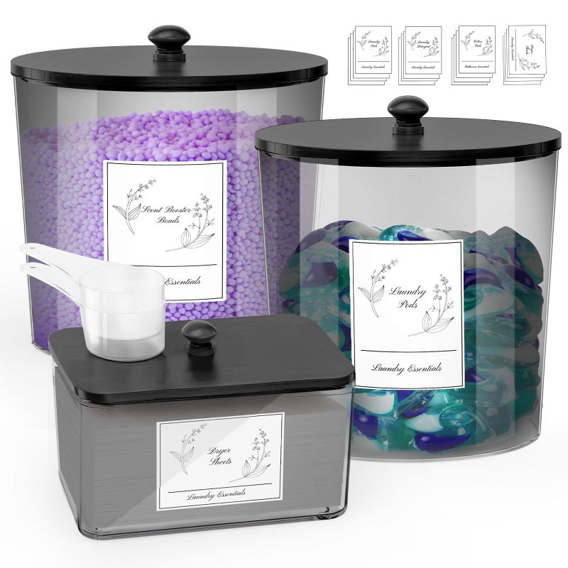 COAZEX 3 Pack Laundry Powder Container & Dryer Sheet Holder, Plastic Laundry Room Organization and Storage Jars with Lids, Labels & Scoops for Powder, Detergent, Scent Booster (Black) - Image 1