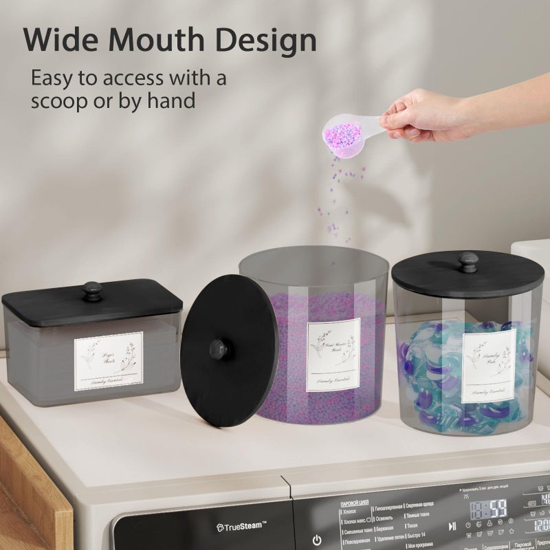 COAZEX 3 Pack Laundry Powder Container & Dryer Sheet Holder, Plastic Laundry Room Organization and Storage Jars with Lids, Labels & Scoops for Powder, Detergent, Scent Booster (Black) - Image 3