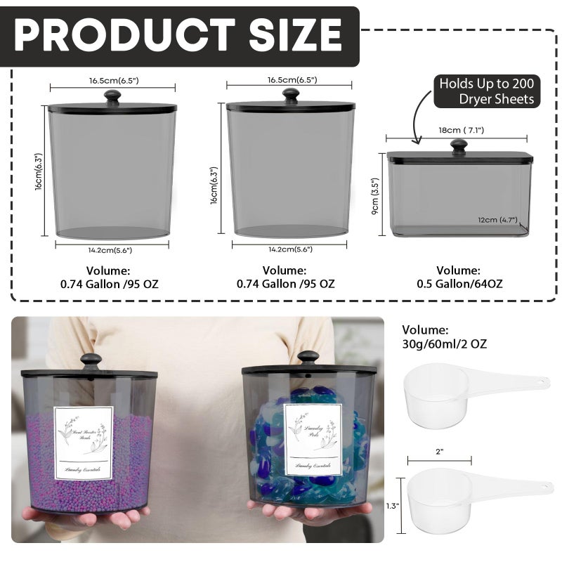 COAZEX 3 Pack Laundry Powder Container & Dryer Sheet Holder, Plastic Laundry Room Organization and Storage Jars with Lids, Labels & Scoops for Powder, Detergent, Scent Booster (Black) - Image 2