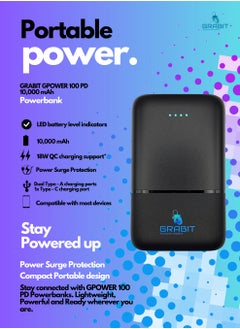 GRABIT Power Bank 10000mAh 20W PD & 18W QC Fast Charging power up quickly with 20W PD & 18W QC, supporting iPhone, Samsung, Xiaomi, OnePlus, Huawei, Google Pixel, Honor and more. Features dual USB-A, Type-C input/output, 4 power level indicators, and a compact, textured design (182.4g) for easy portability. Stay charged anywhere!  - Image 1