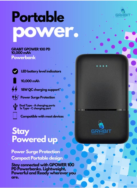 10000mAh Power Bank – 20W PD & 18W QC Fast Charging, Dual USB, Type-C, Compact Design