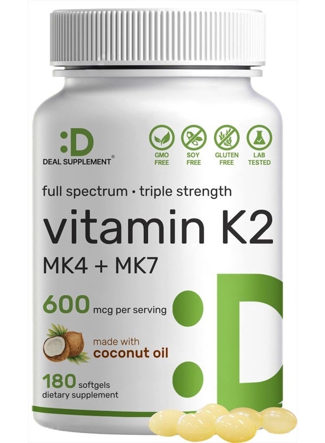 DEAL SUPPLEMENT مكمل فيتامين K2 600 ميكروغرام، 180 كبسولة زيت جوز الهند البكر (إمداد لمدة 6 أشهر) – أشكال MK-7 و MK-4 كاملة الطيف، امتصاص عالي، فيتامينات K ثلاثية القوة – دعم العظام والمفاصل والمناعة – غير معدلة وراثيًا - Image 1