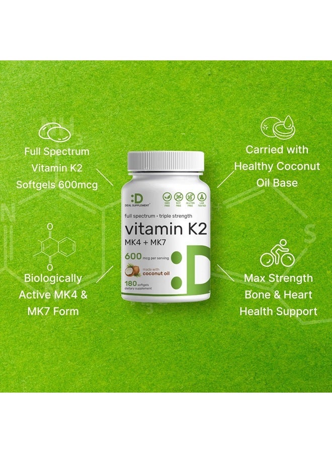 DEAL SUPPLEMENT مكمل فيتامين K2 600 ميكروغرام، 180 كبسولة زيت جوز الهند البكر (إمداد لمدة 6 أشهر) – أشكال MK-7 و MK-4 كاملة الطيف، امتصاص عالي، فيتامينات K ثلاثية القوة – دعم العظام والمفاصل والمناعة – غير معدلة وراثيًا - Image 4