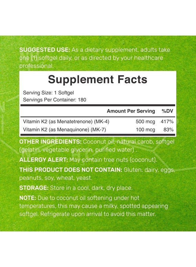 DEAL SUPPLEMENT مكمل فيتامين K2 600 ميكروغرام، 180 كبسولة زيت جوز الهند البكر (إمداد لمدة 6 أشهر) – أشكال MK-7 و MK-4 كاملة الطيف، امتصاص عالي، فيتامينات K ثلاثية القوة – دعم العظام والمفاصل والمناعة – غير معدلة وراثيًا - Image 2