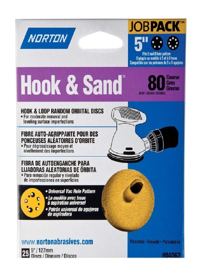 Norton Hook & Sand Hoop and Loop Disc, Paper Backing, Hook and Loop, Aluminum Oxide, 5 Hole Count, 5 inches Diameter, P80 Grit Size, 25 Pack