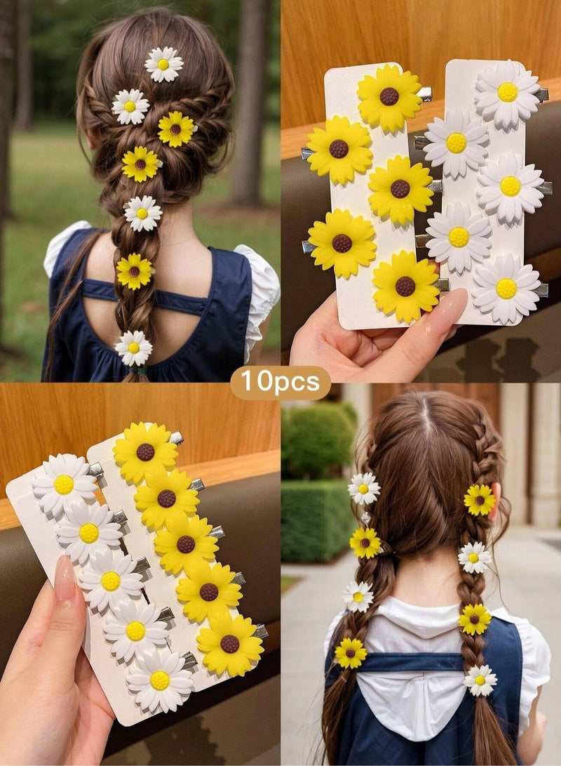 مشابك شعر بتصميم زهور دوار الشمس وزهور الاقحوان مجموعه من 10 قطع تضيف لمسة جمالية لتسريحات الأطفال - Image 1