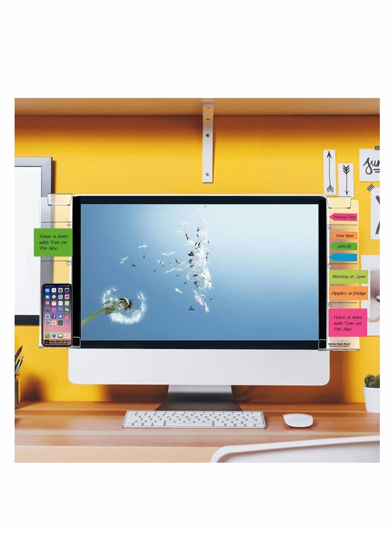 Computer Monitor Memo Board, Multifunction Clear  Monitor Memo Boards, Set of 2 (Left & Right) Acrylic Message Reminder Pad Side Panels Phone Holder, Utility Organizer for Office Desktop