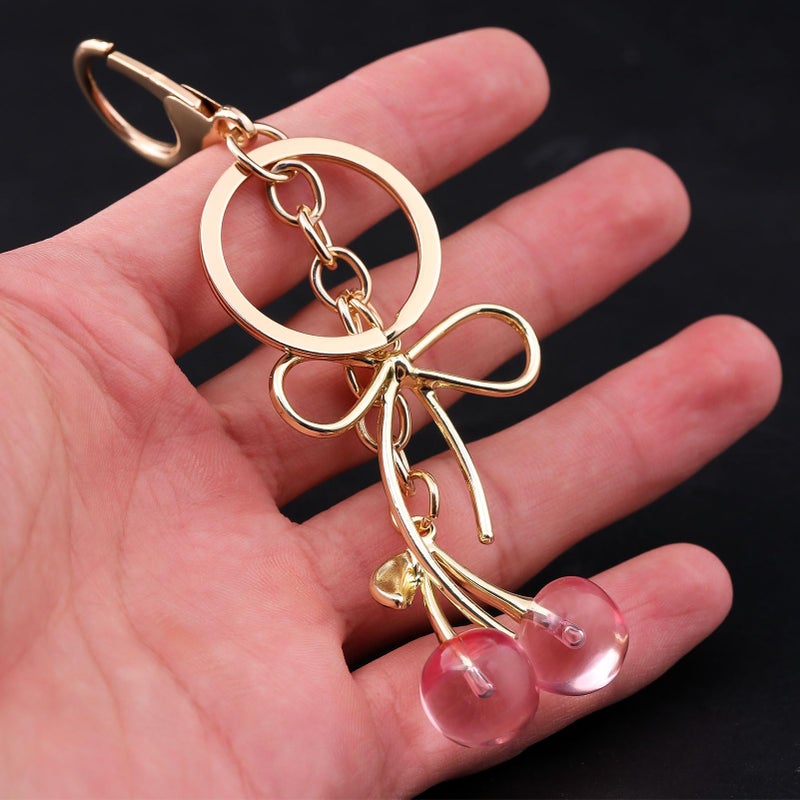 SORGERLY Pink Cherry Bag Charm Keychain - Cute Bow Purse Handbag Fruit Accessories - Beautiful Birthday Gift for Women (Pink cherry bow) - Image 2