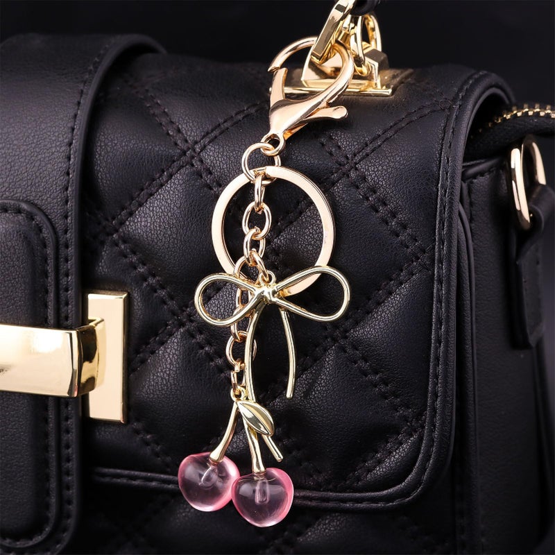 SORGERLY Pink Cherry Bag Charm Keychain - Cute Bow Purse Handbag Fruit Accessories - Beautiful Birthday Gift for Women (Pink cherry bow) - Image 3