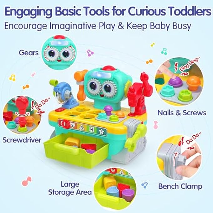 ROBOT WORKBENCH FOR 1 YEAR OLD BOYS - 11-IN-1 TOOL SET WITH SOUNDS AND LIGHTS, BABY TOOL BENCH BIRTHDAY GIFT, TOYS FOR 12-18 MONTHS TODDLERS - Image 2